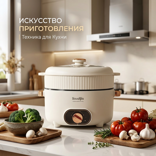 Многофункциональная электрическая кастрюля-пароварка Youdijia (24 см, 2 яруса) — Электрокастрюля 6 в 1 с антипригарным покрытием для дома, общежития и вечеринок
